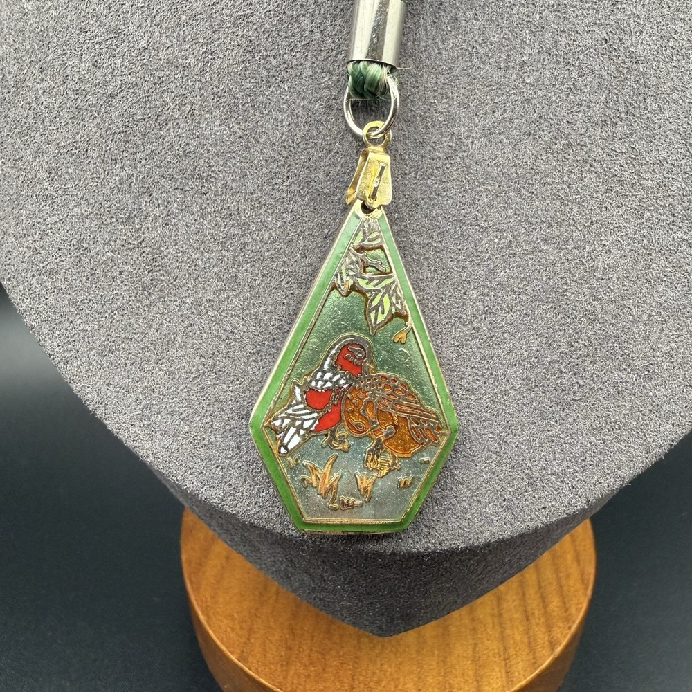 Vintage Cloisonné Enamel Bird Duck Pendant Gold Tone Green Braided Cord Necklace - Picture 6 of 11